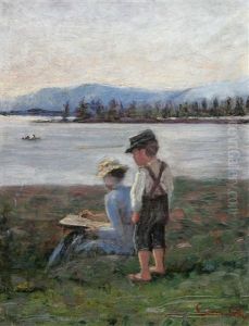 Ritande Kvinna Och Gosse by Emma (Helfrid Charlotta) Toll