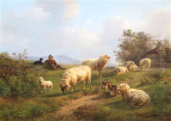A Young Shepherd And His Flock Resting - view 1