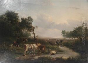 Cattle And Sheep Watering In An Extensive Landscape by Jan Bedijs Tom