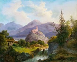 Osterreichische Gebirgslandschaft Mit Burg Und Kirchdorf Am Ufer Eines Sees, Im Vordergrund Wildbach