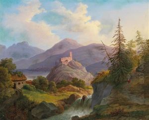 Landscape With Mountain Torrent And Castle In The Distance by Matthias Rudolf Toma