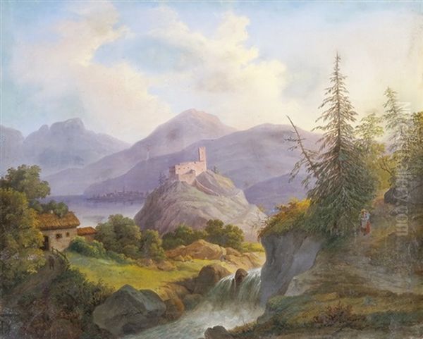 Flusslandschaft Mit Burg Und Stadtchen In Der Ferne - view 1