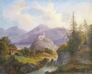 Flusslandschaft Mit Burg Und Stadtchen In Der Ferne