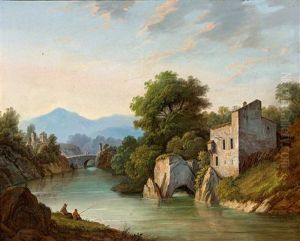 Romantische Flusslandschaft Mit Architekturansicht Und Hugeligem Horizont An Einem Sommerabend