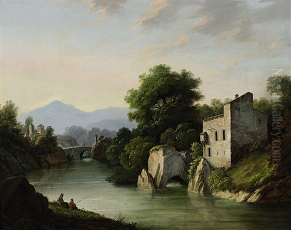 Flusslandschaft Mit Steinbrucke Und Anglern - view 1