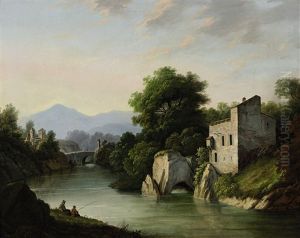 Flusslandschaft Mit Steinbrucke Und Anglern