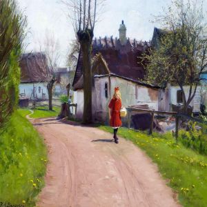 An Early Spring Day In The Village With A Little Girl In A Red Dress With Her Packed Lunch