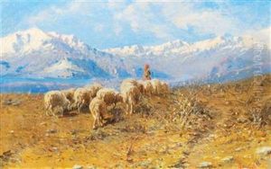 Sheep Shepherdess By Lake Maggiore by Achille Tominetti