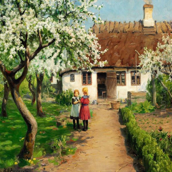 Two Little Girls In The Garden With A Kitten Under A Fruit Tree In Bloom - view 1