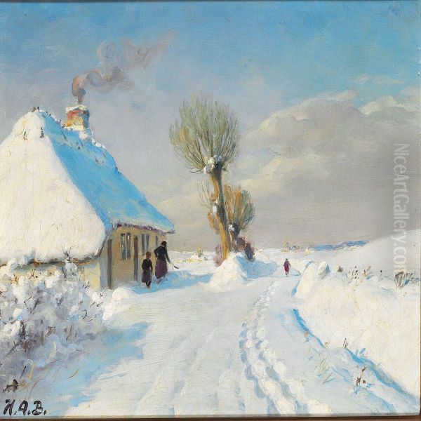 Sunny Winter Day With Mother And Child In Front Of A Cottage - view 1