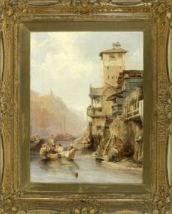 Belebte Szenerie Mit Booten Und Hausern Am Flussufer, Gegebuber Auf Dem Berg Ein Kastell by Charles F. Tomkins