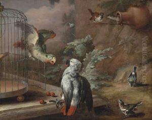 A Grey Parrot And An Amazon Parrot With Cherries By A Cage On A Marble Ledge, With Sparrows And Other Songbirds In A Landscape