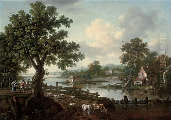 A Wooded River Landscape With Drovers And Their Animals On A Track - view 1