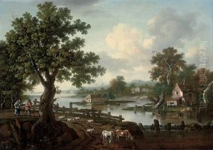 A Wooded River Landscape With Drovers And Their Animals On A Track