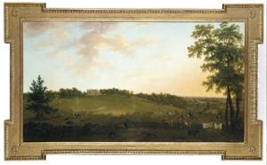 View Of Boldreview Lodge With A Hunting Party, Cattle, Horses, Deer And Other Figures In The Foreground, The New Forest Beyond