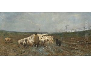 Vast Landscape With Shepherd And Herding Dog Following Flock Of Sheep Along Path by Publio de Tommasi
