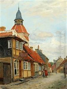 Townscape From Faborg With Playing Children by Peter Tom-Petersen