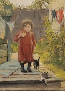 In The Alley/a Little Girl With Kittens by Frank Hector Tompkins