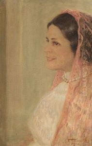 The Pink Shawl - Portrait Of Elizabeth Borden Hewitt by Frank Hector Tompkins