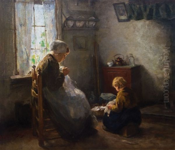 Interieur Mit Mutter Und Kind Beim Naharbeiten - view 1