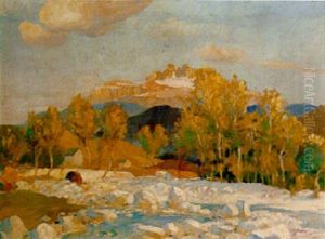 River Landscape With Castle In The Distance by Henry Tonks