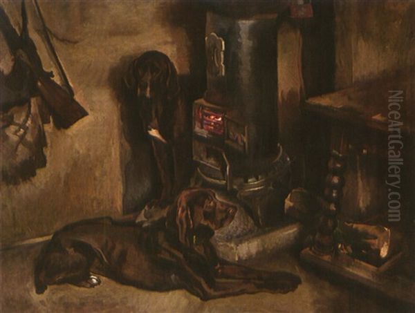Interieur Mit Jagdhunden Vor Dem Ofen - view 1
