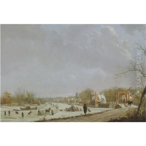 A Winter View Of Leiden With Figures Skating On The Oude Rijn, The Lage Rijndijk With De Ooievaar Mill To The Right, The Spanjaardsbrug In The Foreground, The Zijlpoort And The Marekerk In The Distanc - view 1