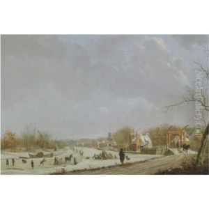 A Winter View Of Leiden With Figures Skating On The Oude Rijn, The Lage Rijndijk With De Ooievaar Mill To The Right, The Spanjaardsbrug In The Foreground, The Zijlpoort And The Marekerk In The Distanc