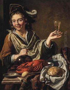 A Man In Front Of A Still Life, Holding A Roemer