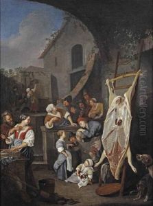 An Italianate Townscene With Figures Making Merry, A Slaughtered Pig To The Right