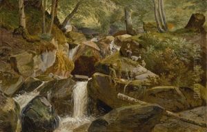 A Rocky, Wooded Landscape With A Waterfall And Figures by Wolfgang Adam Toepffer