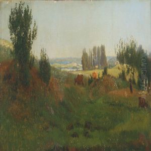Summer Landscape With Grassing Cow And People Onpicnic by Thorald Brendstrup