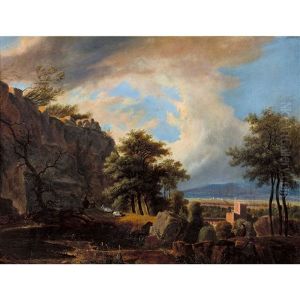 Paysage Avec Etang Devant Une Falaise Et Chateau Dans Le Fond by Wolfgang Adam Toepffer