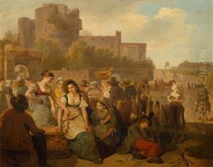 Scene De Marche Devant Un Chateau En Ruine (market Scene In Front Of A Castle In Ruins) / Le Marche Aux Oignons (the Onion Market) by Wolfgang Adam Toepffer