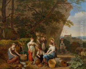 Young Women Near A Fountain by Wolfgang Adam Toepffer