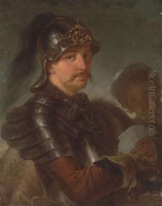 Portrait Of A Man, Half-length, In Armour, Wearing A Helmet And A Fur Cape, Holding A Set Of Playing Cards In His Left Hand