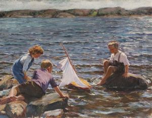 Lekende Barn I Strandkanten by Thorvald Torgersen