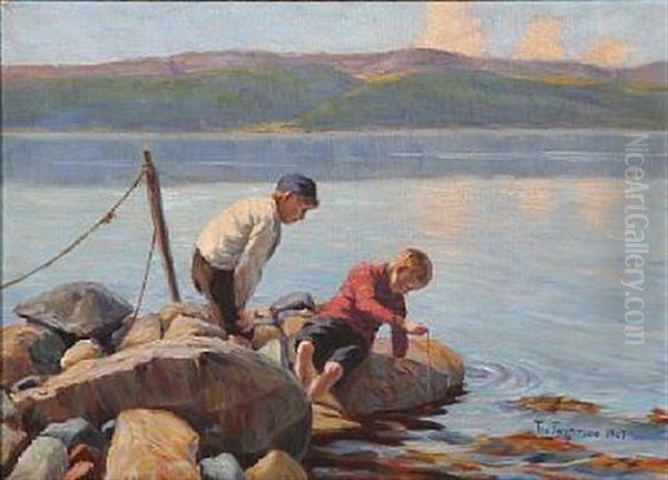 Two Boys Fishing Crabs At A Fiord In Norway - view 1