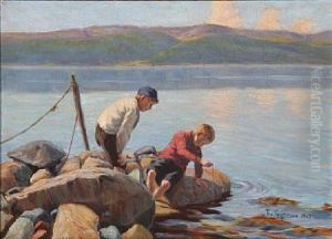 Two Boys Fishing Crabs At A Fiord In Norway by Thorvald Torgersen