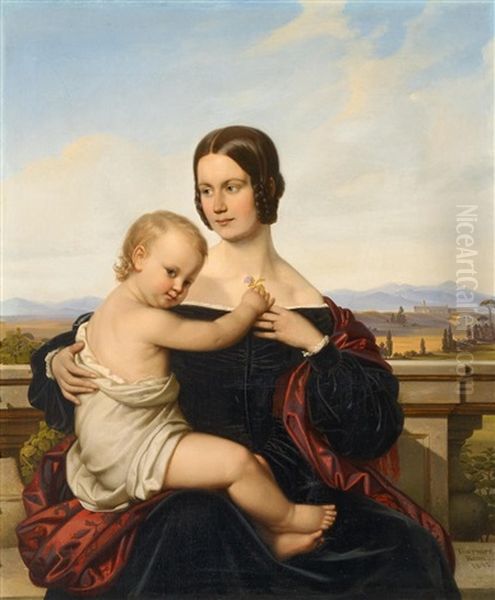 Portrat Einer Jungen Mutter Mit Kind Vor Einer Weiten Italienischen Landschaft - view 1