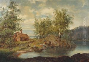 Sommarlandskap Med Barn Vid Insjo Sommarlandskap Med Barn Vid Insjo