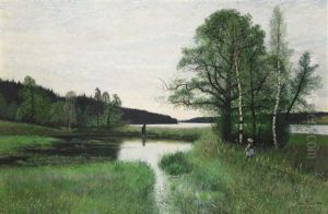 Sommarlandskap Med Promenerande Flicka Sommarlandskap Med Promenerande Flicka