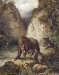 Barenfamilie Am Felsigen Bachufer by Karl Wilhelm Tornau