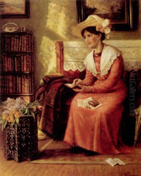 Interior Med Dame, Der Skriver I En Lille Notesbog - view 1