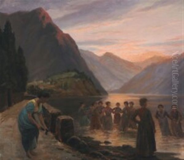 Italian Lakeside With Dancing Women At Eventide - view 1