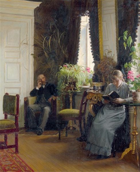 Interieur Mit Lesendem Madchen Und Mann An Einem Sonntagnachmittag - view 1