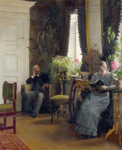 Interieur Mit Lesendem Madchen Und Mann An Einem Sonntagnachmittag by Wenzel Ulrik Tornoe