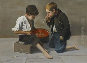 Zwei Jungen Beim Seifenblasen by Giulio Del Torre