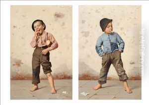 Italian Street Urchin Eating Bread (+ Italian Street Urchin Smoking A Cigarette; Pair) by Giulio Del Torre