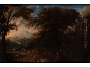 Landschaft Mit Grosem Brunnen, Wagen Und Reisenden Landschaft Mit Grosem Brunnen, Wagen Und Reisenden